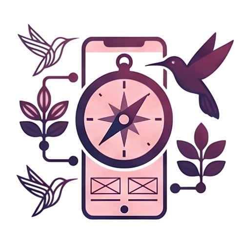 Grafika telefonu z kompasem i kolibrami, ilustrująca skuteczne pozycjonowanie sklepów i stron www, nawigację w Google oraz SEO oparte na sztucznej inteligencji.