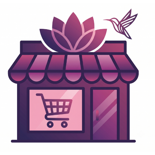 Grafika przedstawiająca witrynę sklepu internetowego z wózkiem, lotosem i kolibrem. Symbolizuje estetyczne projektowanie e-commerce i skuteczne pozycjonowanie sklepów www oferowane przez Dream AI Studio.