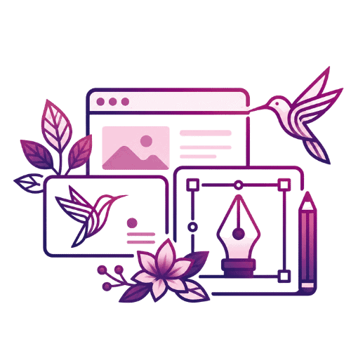 Grafika przedstawiająca układ strony internetowej, narzędzia graficzne i kolibra. Symbolizuje kompleksowe budowanie stron www dla B2B, łączące estetyczny web design, branding i pozycjonowanie SEO od Dream AI Studio.