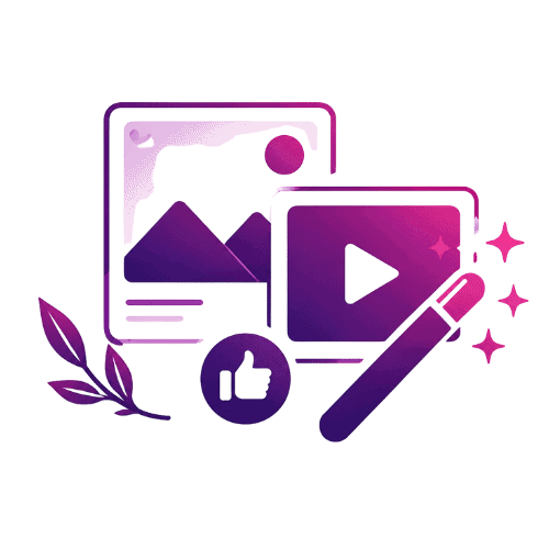 Grafika ilustrująca tworzenie multimediów, pozycjonowanie z wykorzystaniem AI i SEO oraz projektowanie spójnego wizerunku wizualnego przez Dream AI Studio.